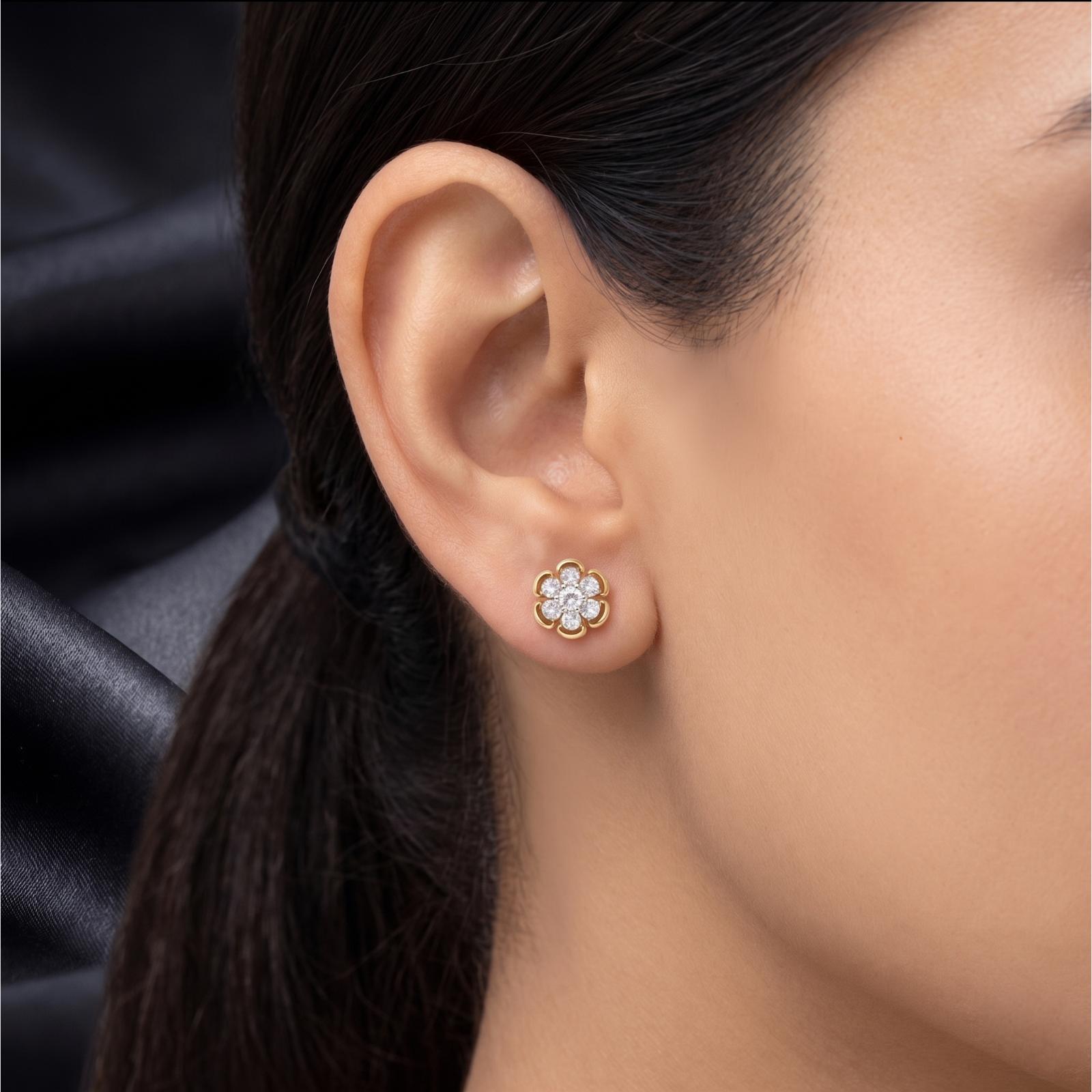 Flower Shape 14K Gold Natural Diamond Stud Earrings Bafleh Jewellery - Image 3