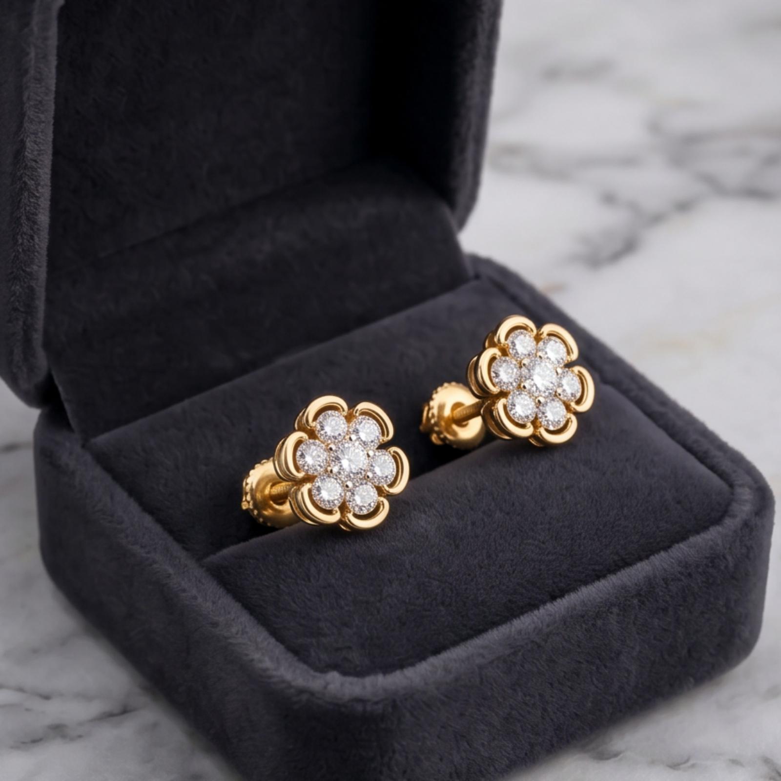 Flower Shape 14K Gold Natural Diamond Stud Earrings Bafleh Jewellery - Image 4
