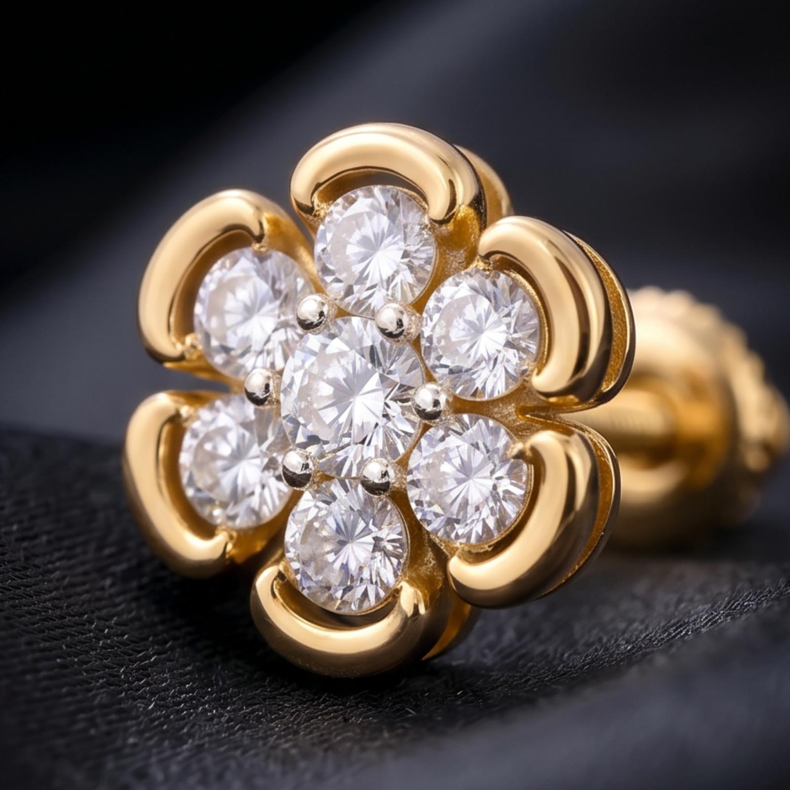 Flower Shape 14K Gold Natural Diamond Stud Earrings Bafleh Jewellery - Image 2