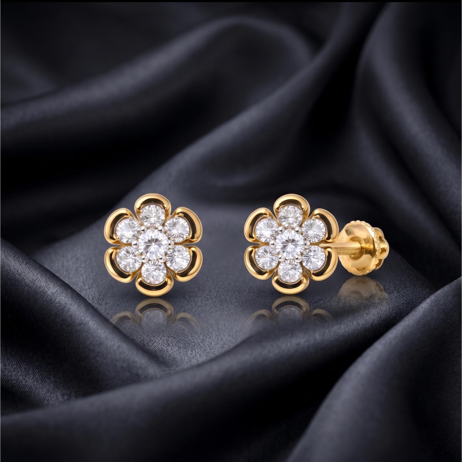 Flower Shape 14K Gold Natural Diamond Stud Earrings Bafleh Jewellery