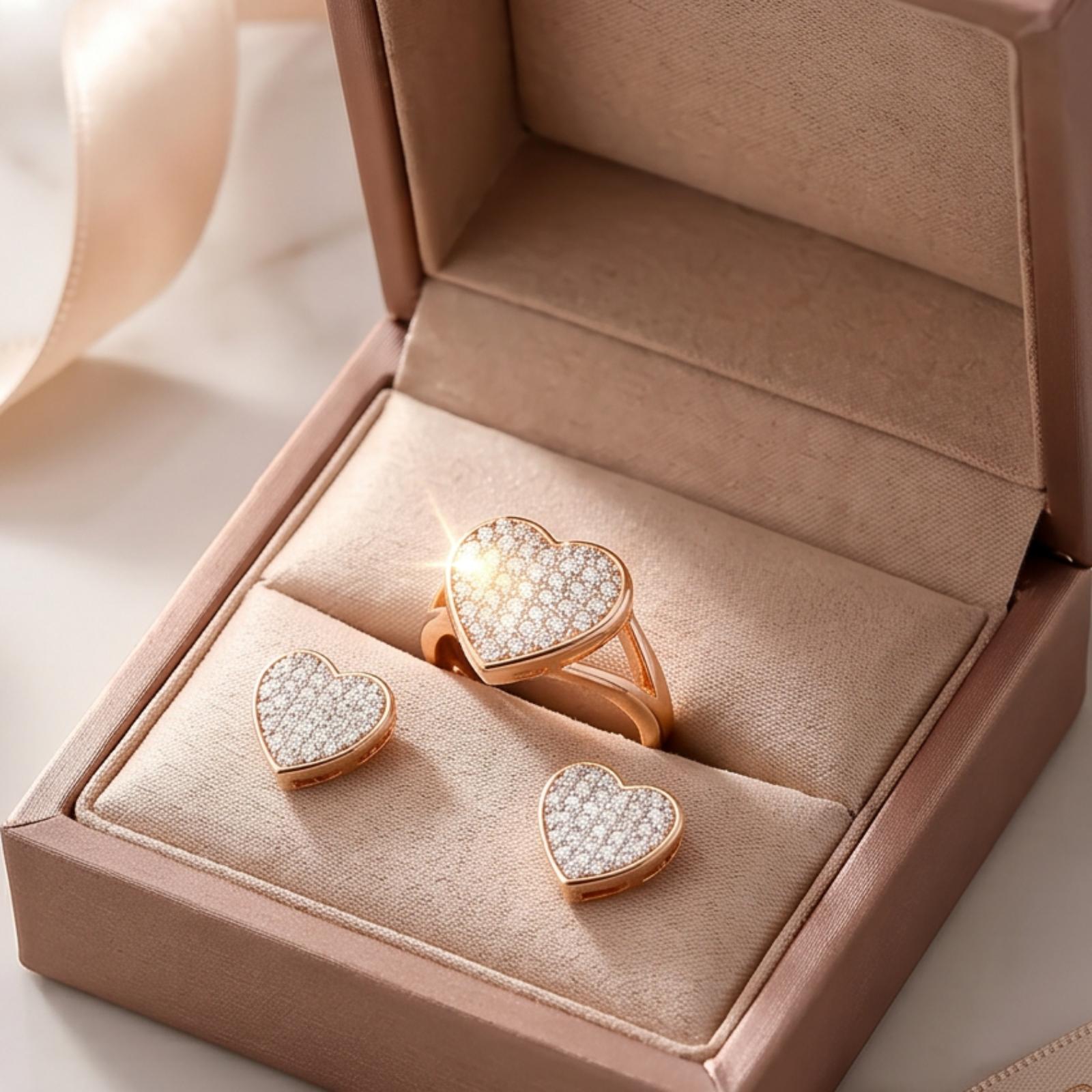 Sparkle with Love – 14K Gold Natural Diamond Heart Ring & Earrings Set at a Special Price - Image 6