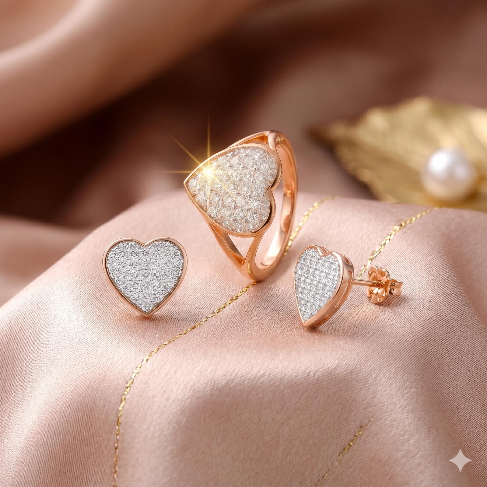 Sparkle with Love – 14K Gold Natural Diamond Heart Ring & Earrings Set at a Special Price - Image 4