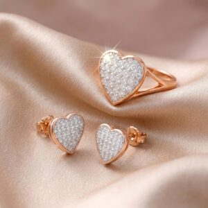 Sparkle with Love – 14K Gold Natural Diamond Heart Ring & Earrings Set at a Special Price