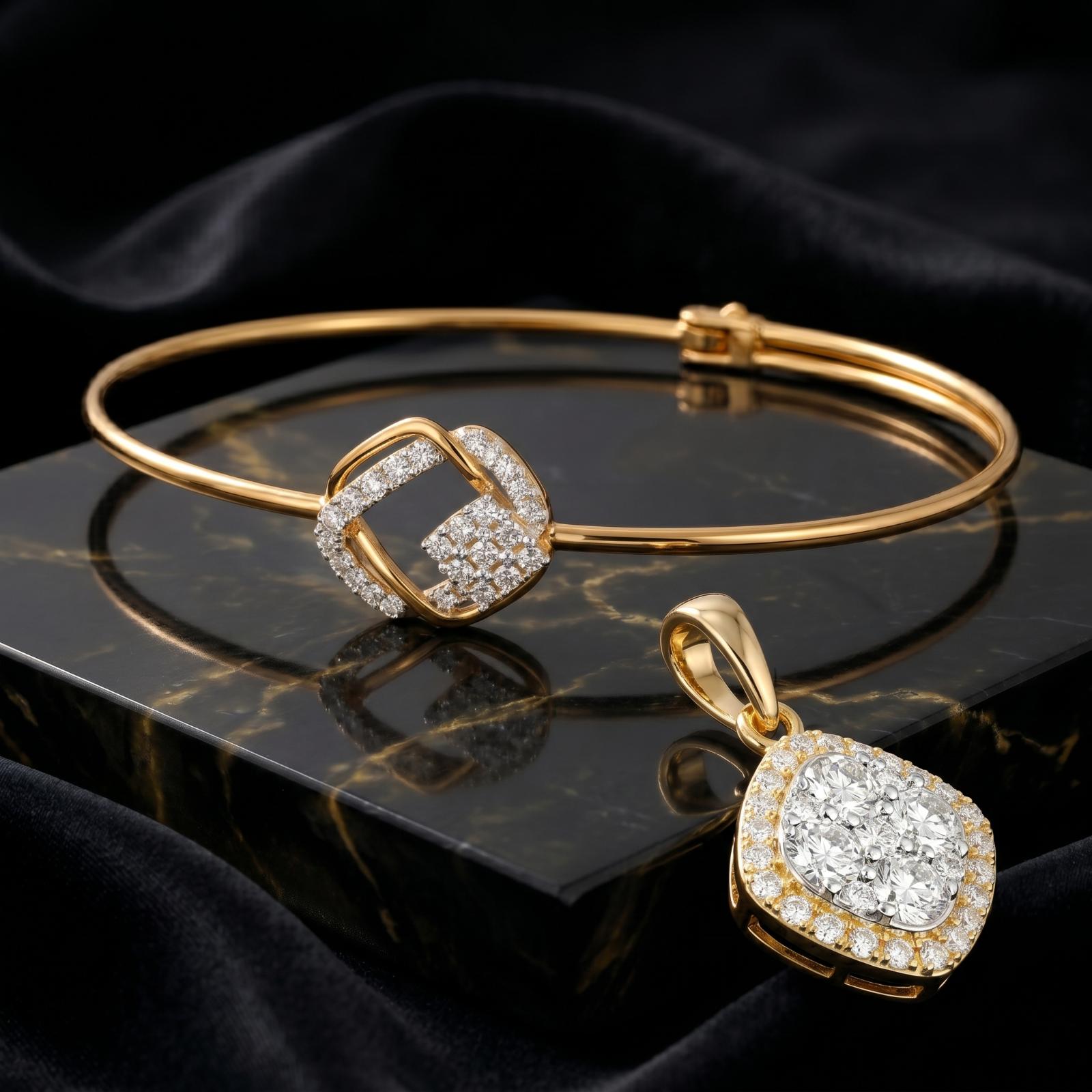 Special Price Natural Diamond Pendant with Bangle Set in 14K Gold Bafleh Jewellery - Image 2