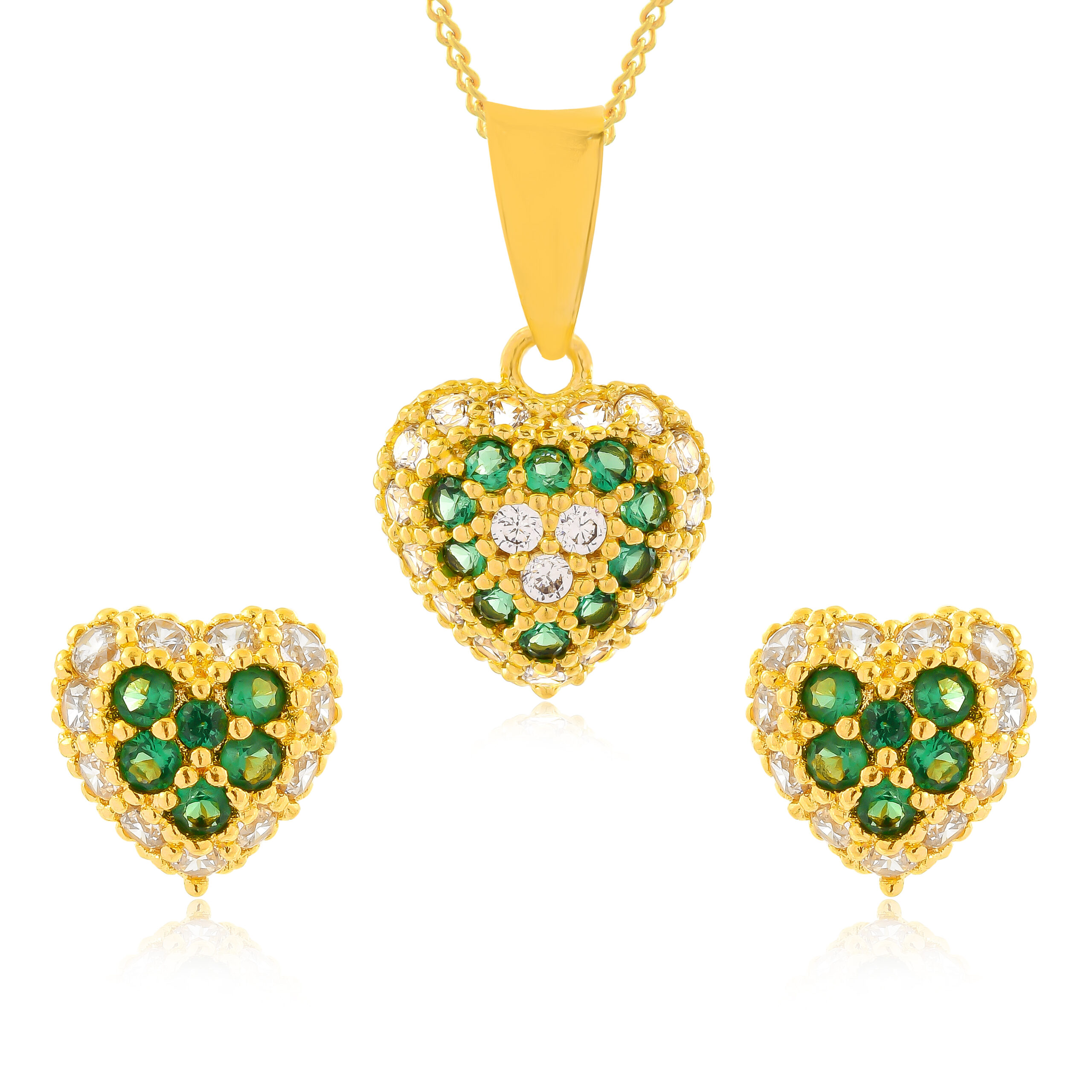 Radiant Heart 22K Yellow Gold Pendant Set with White & Green Stones by Bafleh Jewellery