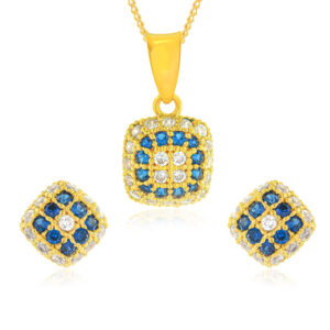 Royal Blue Grace ? 22K Yellow Gold Square Pendant Set with White & Mesmerizing Blue Stones