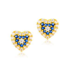 22K Gold Heart-Shaped Earrings with White & Blue Stones  A Touch of Timeless Romance