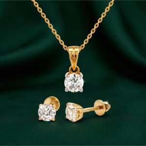 Solitaire Earrings & Necklace Lab-Grown Diamond Complete Set in 18K Gold Bafleh Jewellery