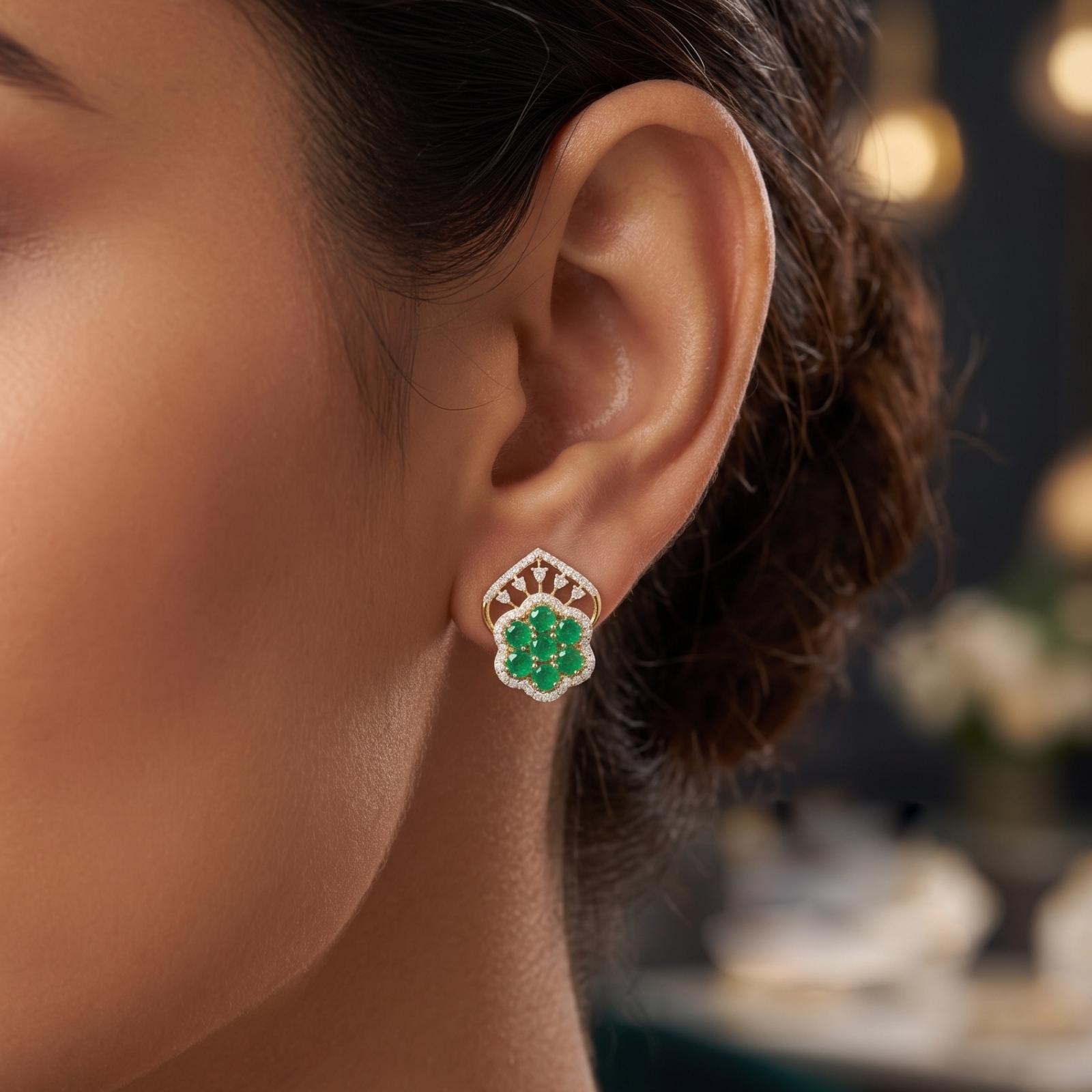 Luxurious 18K Gold Emerald Diamond Stud Earrings by Bafleh Jewellery - Image 5
