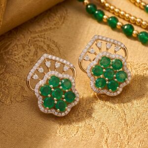 Luxurious 18K Gold Emerald Diamond Stud Earrings by Bafleh Jewellery