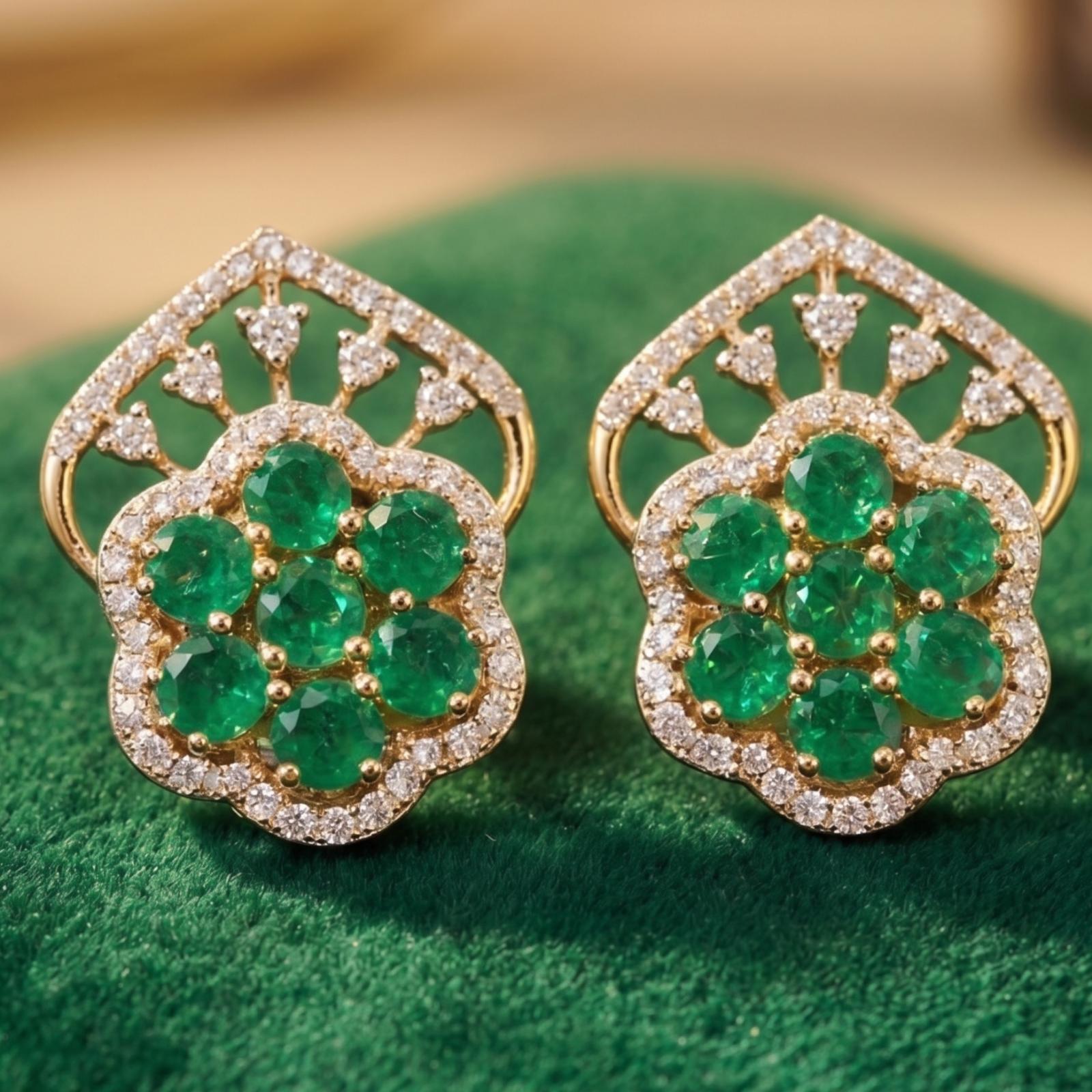Luxurious 18K Gold Emerald Diamond Stud Earrings by Bafleh Jewellery - Image 3