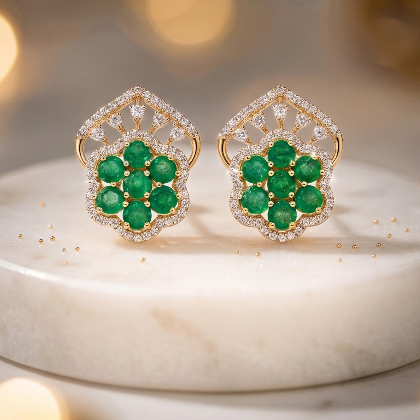 Luxurious 18K Gold Emerald Diamond Stud Earrings by Bafleh Jewellery - Image 4