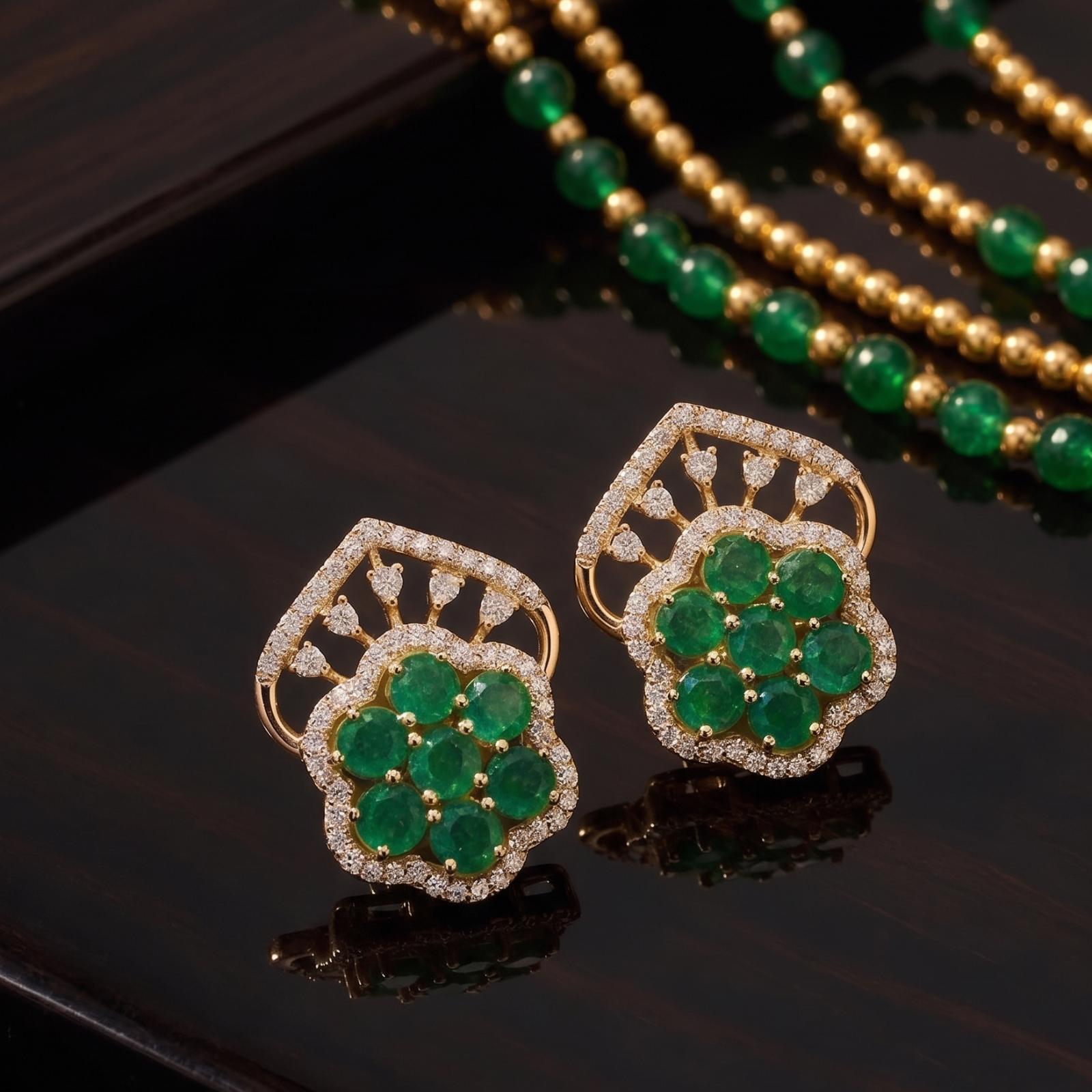 Luxurious 18K Gold Emerald Diamond Stud Earrings by Bafleh Jewellery - Image 6